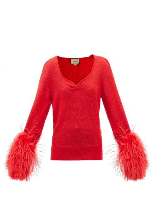 Gucci - Feather-trimmed Mohair-blend Sweater - Womens - Red