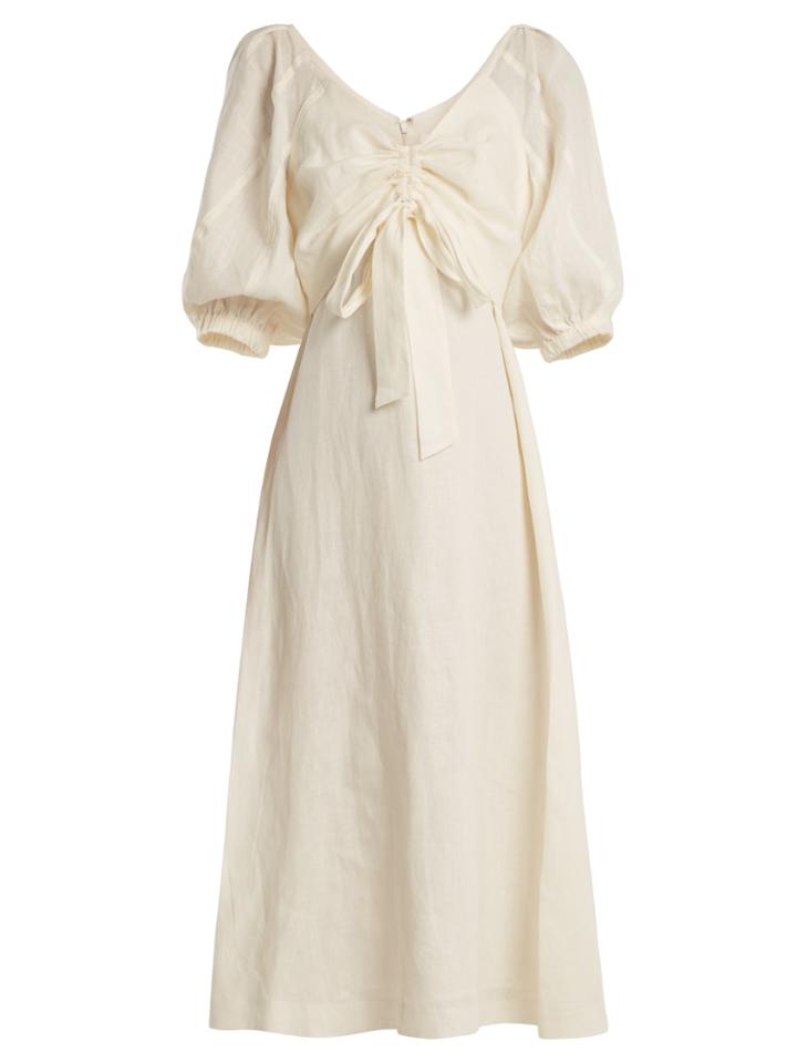 Zimmermann Painted Heart V-neck Gathered Linen Midi Dress