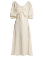 Zimmermann Painted Heart V-neck Gathered Linen Midi Dress