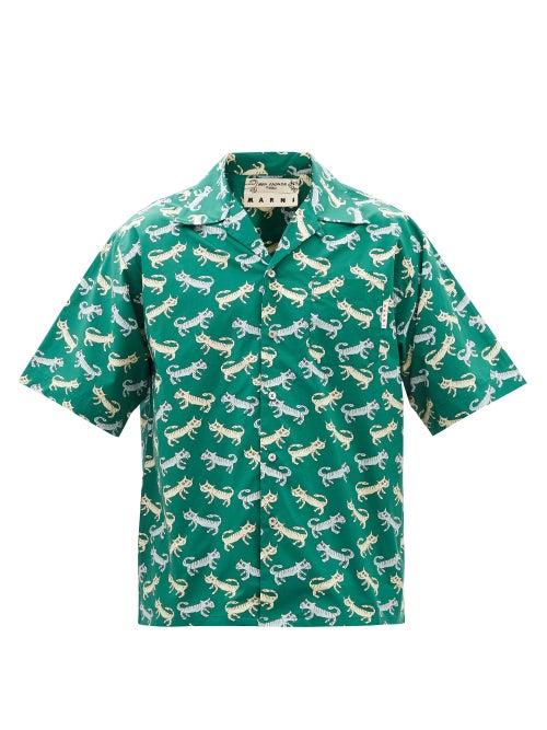 Marni - Cat-print Cotton Short-sleeved Shirt - Mens - Emerald