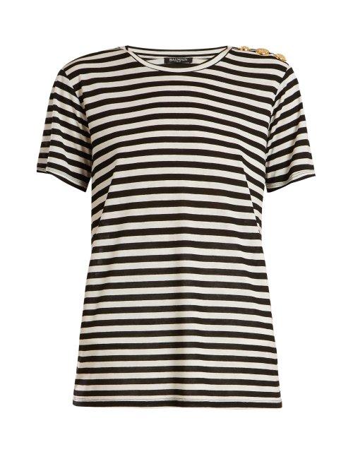 Matchesfashion.com Balmain - Button Embellished Striped T Shirt - Womens - Black White