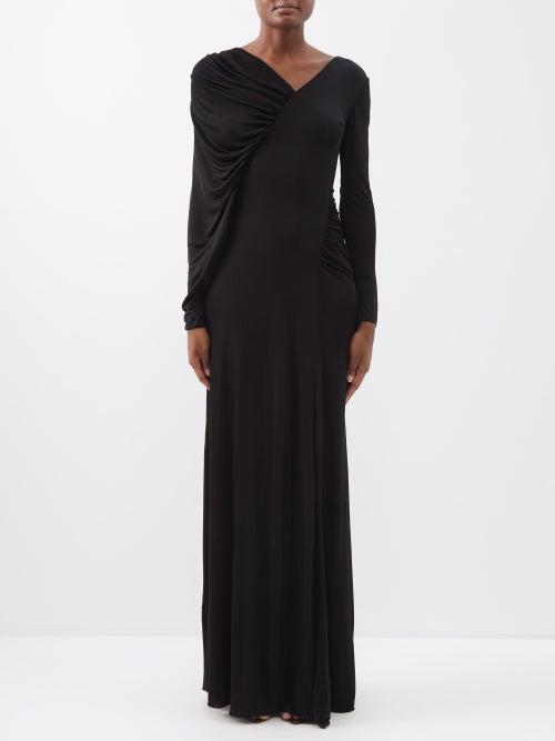 Saint Laurent - Asymmetric Draped Jersey Maxi Dress - Womens - Black