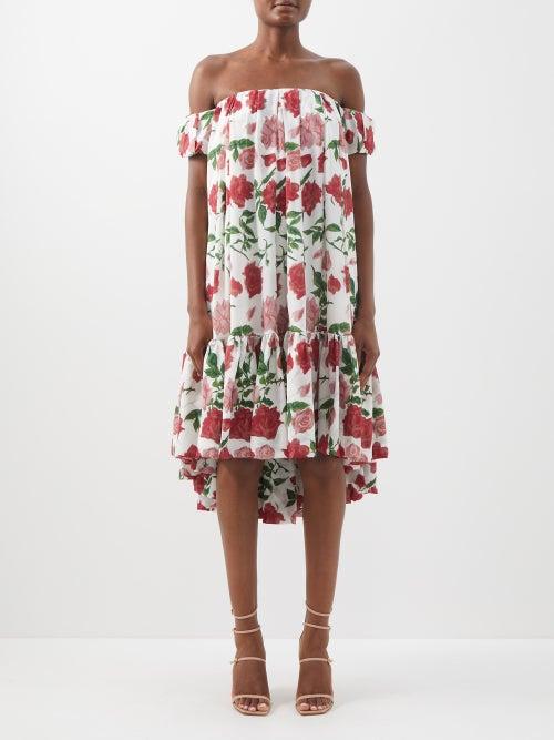 Emilia Wickstead - Baiba Off-shoulder Floral-print Silk-crepe Dress - Womens - Red Multi