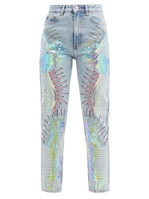 Ladies Rtw Germanier - Upcycled Swarovski-crystal Abstract-print Jeans - Womens - Denim Multi