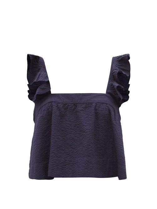 Matchesfashion.com Wiggy Kit - Paperwhite Ruffled Cotton-seersucker Top - Womens - Navy