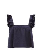 Matchesfashion.com Wiggy Kit - Paperwhite Ruffled Cotton-seersucker Top - Womens - Navy