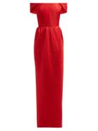 Matchesfashion.com Emilio De La Morena - Animal Print Jacquard Off The Shoulder Midi Dress - Womens - Red