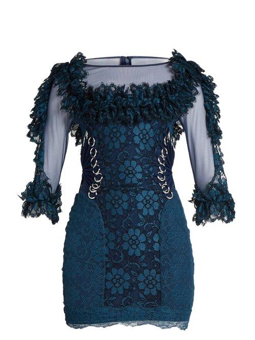 Matchesfashion.com Christopher Kane - Contrast Panel Ring Embellished Lace Mini Dress - Womens - Navy