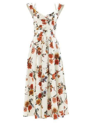 Brock Collection - Tamiko Ruched Floral-print Cotton-poplin Dress - Womens - Red White