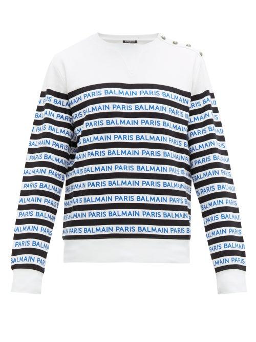 Matchesfashion.com Balmain - Logo Stripe Cotton Jersey T Shirt - Mens - Black Blue