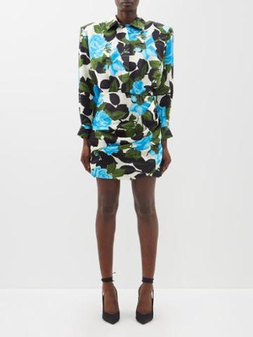 Richard Quinn - Gathered Floral-print Satin Mini Shirt Dress - Womens - Blue Print