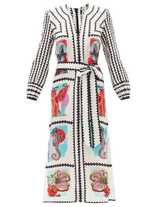 Ladies Beachwear Mary Mare - Firenza Belted Stamp-print Linen Midi Dress - Womens - Multi