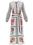 Ladies Beachwear Mary Mare - Firenza Belted Stamp-print Linen Midi Dress - Womens - Multi