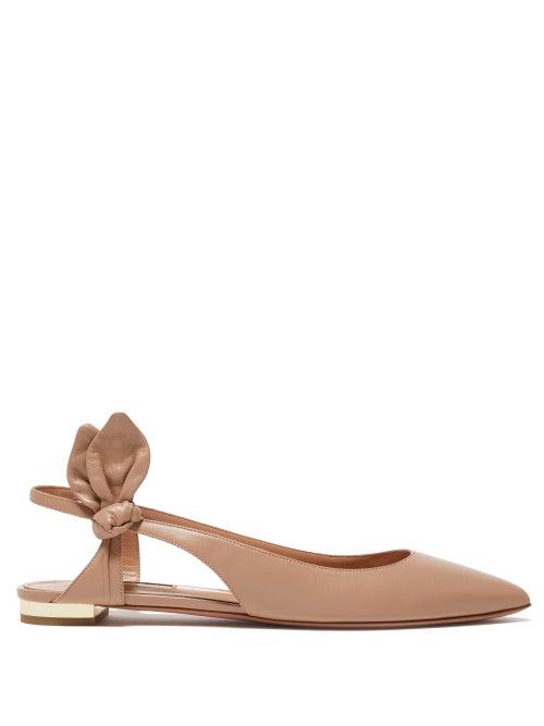 Matchesfashion.com Aquazzura - Drew Bow-embellished Leather Flats - Womens - Nude