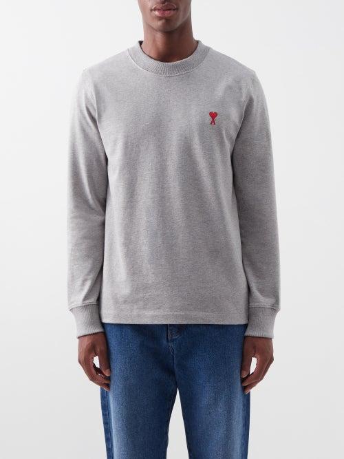 Ami - Ami De Caur Organic-cotton Long-sleeved T-shirt - Mens - Grey