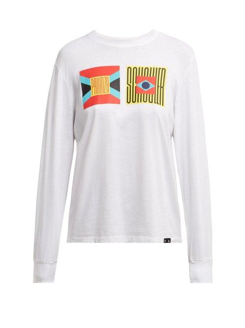 Matchesfashion.com Proenza Schouler Pswl - Logo Print Long Sleeved Cotton T Shirt - Womens - White Multi