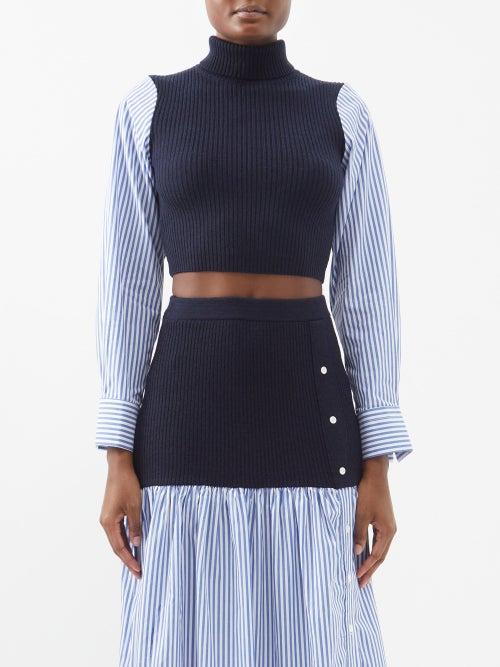Staud - Louisa Merino And Striped Cotton Top - Womens - Blue Multi