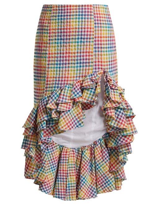 Matchesfashion.com Caroline Constas - Ruffled Asymmetric Hem Gingham Skirt - Womens - Multi