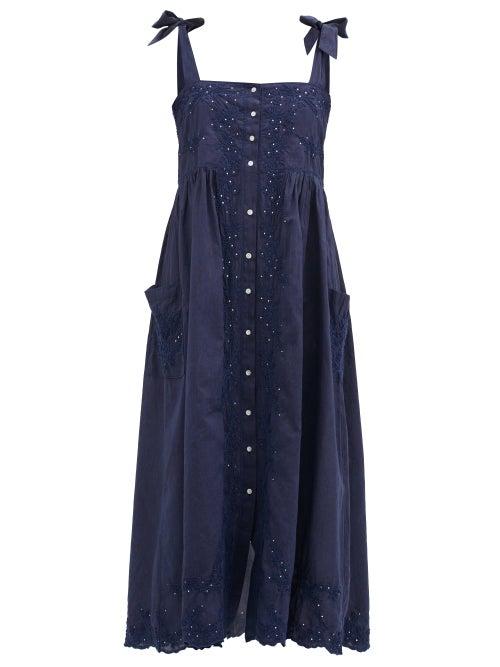 Matchesfashion.com Juliet Dunn - Floral-embroidered Shoulder-ties Cotton Midi Dress - Womens - Navy