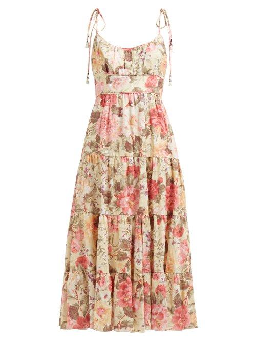 Matchesfashion.com Zimmermann - Honour Tiered Floral Print Midi Dress - Womens - Pale Yellow