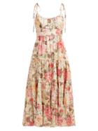 Matchesfashion.com Zimmermann - Honour Tiered Floral Print Midi Dress - Womens - Pale Yellow