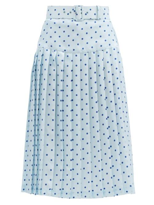 Matchesfashion.com Rodarte - Belted Pleated Polka-dot Satin-twill Midi Skirt - Womens - Blue Multi
