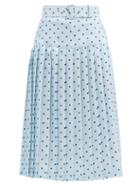 Matchesfashion.com Rodarte - Belted Pleated Polka-dot Satin-twill Midi Skirt - Womens - Blue Multi