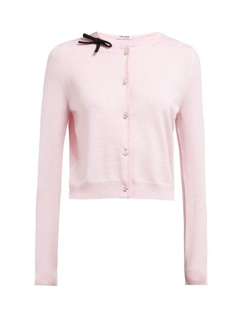 Matchesfashion.com Miu Miu - Bow Trim Wool Cardigan - Womens - Light Pink