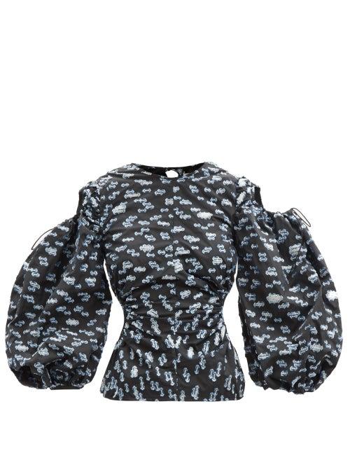 Cecilie Bahnsen - Jasiah Puff-sleeve Floral Fil-coup Cutout Top - Womens - Black Multi
