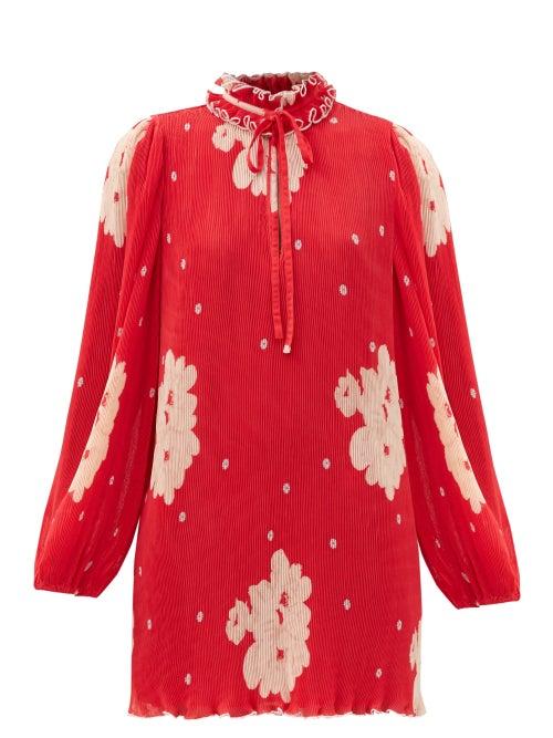 Matchesfashion.com Ganni - Ruffled Floral-print Pliss-georgette Mini Dress - Womens - Red