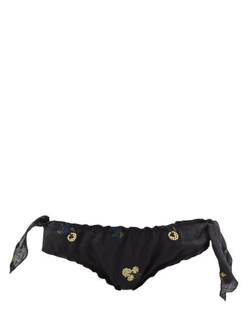 Ladies Lingerie Lug Von Siga - Emma Side-tie Floral-embroidered Linen Briefs - Womens - Black