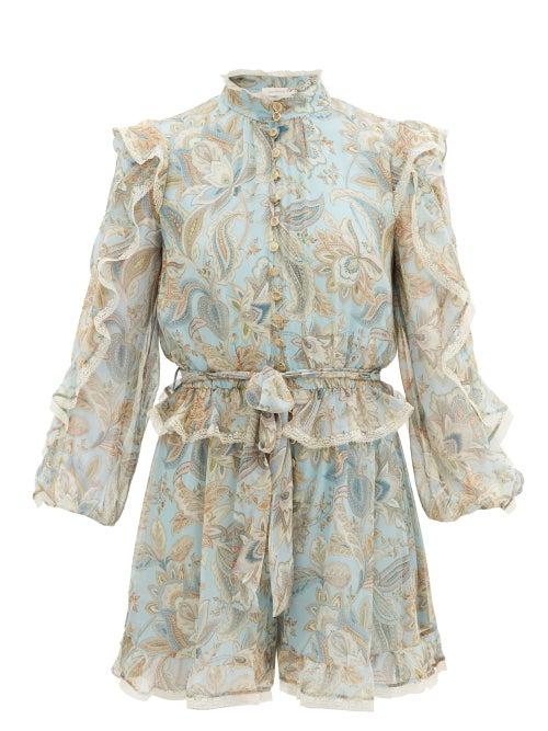 Matchesfashion.com Zimmermann - Ladybeetle Ruffled Paisley-print Silk Playsuit - Womens - Blue Multi