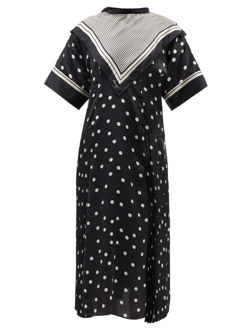 Sacai - Pleated Polka-dot Satin Midi Dress - Womens - Black White