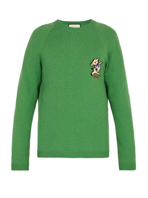 Matchesfashion.com Gucci - Pig Appliqu Patch Cashmere Sweater - Mens - Green