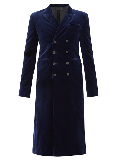 Matchesfashion.com Haider Ackermann - Double-breasted Longline Cotton-blend Velvet Coat - Mens - Blue