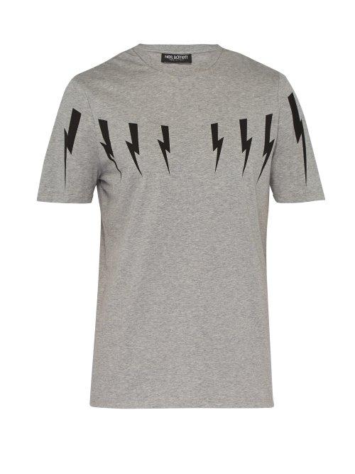 Matchesfashion.com Neil Barrett - Lightning Bolt Print Stretch Cotton T Shirt - Mens - Grey