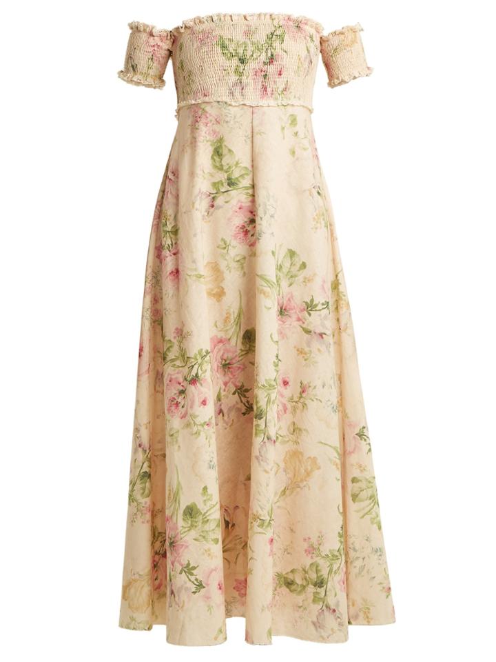 Zimmermann Iris Shirred Linen And Cotton-blend Dress