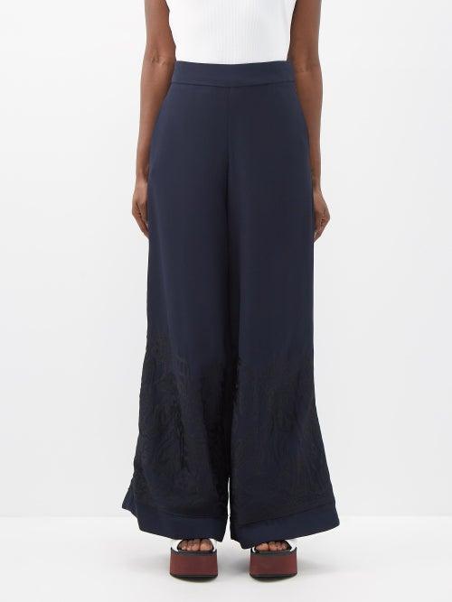Biyan - Fonda Floral-embroidered Wide-leg Trousers - Womens - Navy