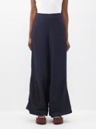 Biyan - Fonda Floral-embroidered Wide-leg Trousers - Womens - Navy