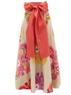 Matchesfashion.com Marta Ferri - Waist-tie Floral-embroidered Herringbone Skirt - Womens - Red Multi