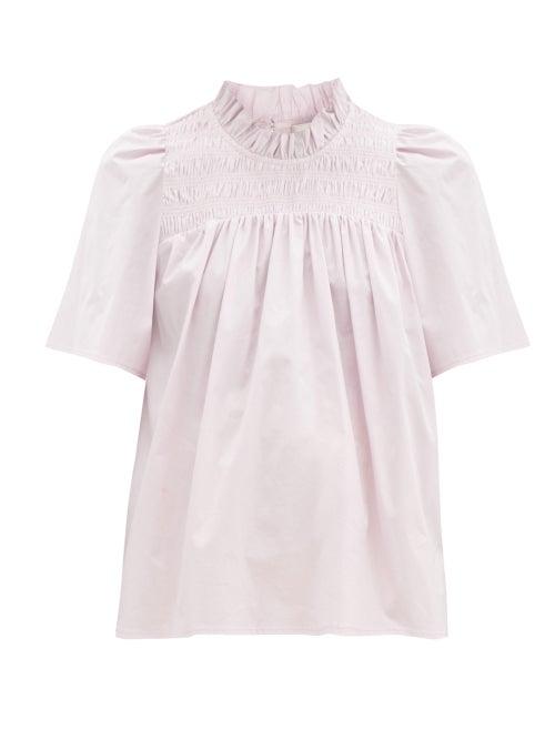 Matchesfashion.com Sea - Marlene Shirred-yoke Cotton-blend Poplin Top - Womens - Light Pink