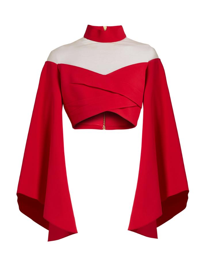 Balmain High-neck Tulle-insert Cropped Top