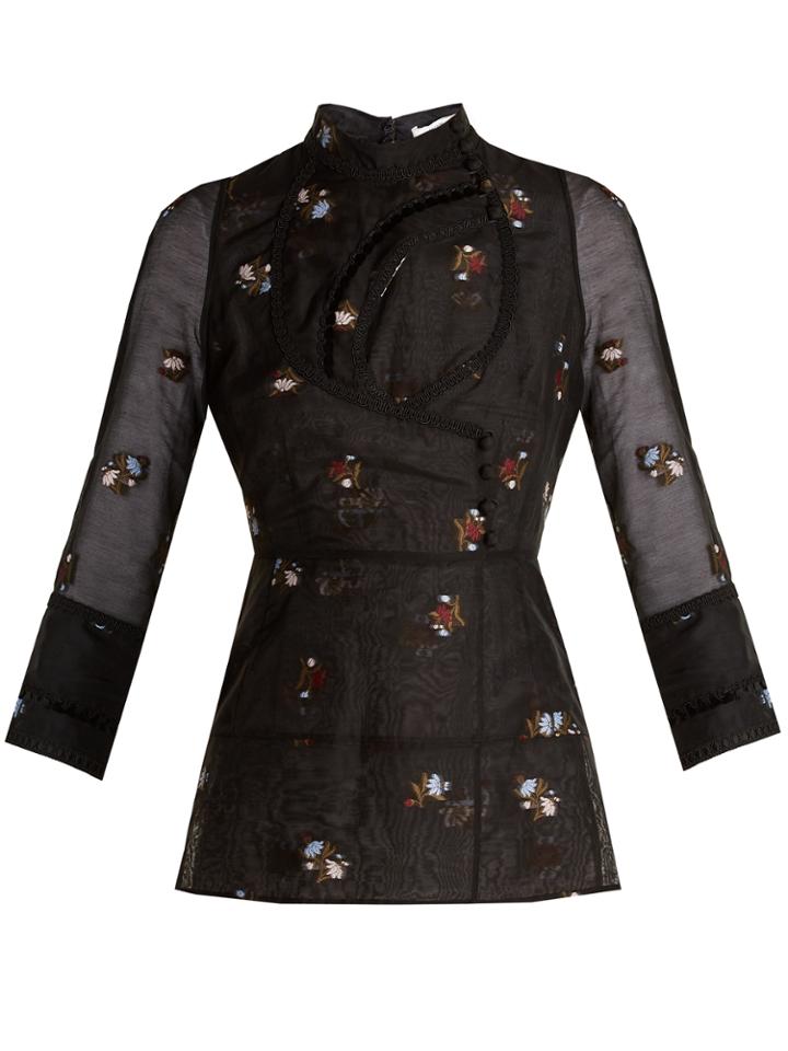 Erdem Orea High-neck Floral-embroidered Blouse