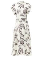 Matchesfashion.com Raey - Roll-sleeve Kitten-print Silk Midi Dress - Womens - Ivory Multi