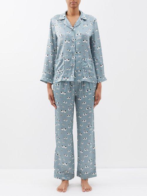 Anya Hindmarch - All-over Eyes-print Silk Pyjama Set - Womens - Light Blue
