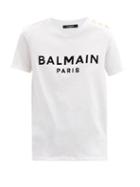 Matchesfashion.com Balmain - Buttoned-shoulder Logo-print Cotton-jersey T-shirt - Womens - White Black