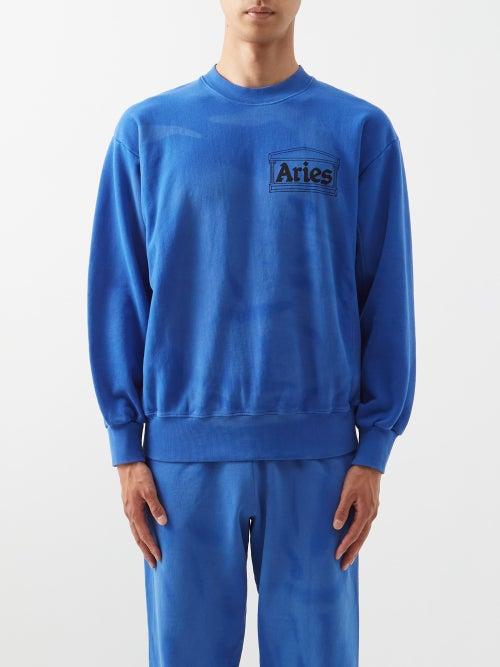Aries - Temple-print Sunbleached Cotton-jersey Sweatshirt - Mens - Blue