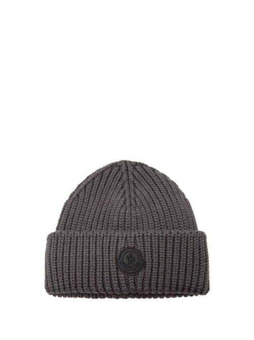 Matchesfashion.com Moncler - Rubber-logo Ribbed Wool Beanie Hat - Mens - Dark Grey