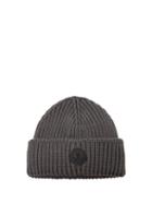 Matchesfashion.com Moncler - Rubber-logo Ribbed Wool Beanie Hat - Mens - Dark Grey