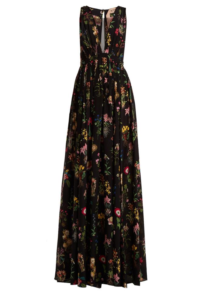 No. 21 Floral-print Sheer-panel Silk Maxi Dress